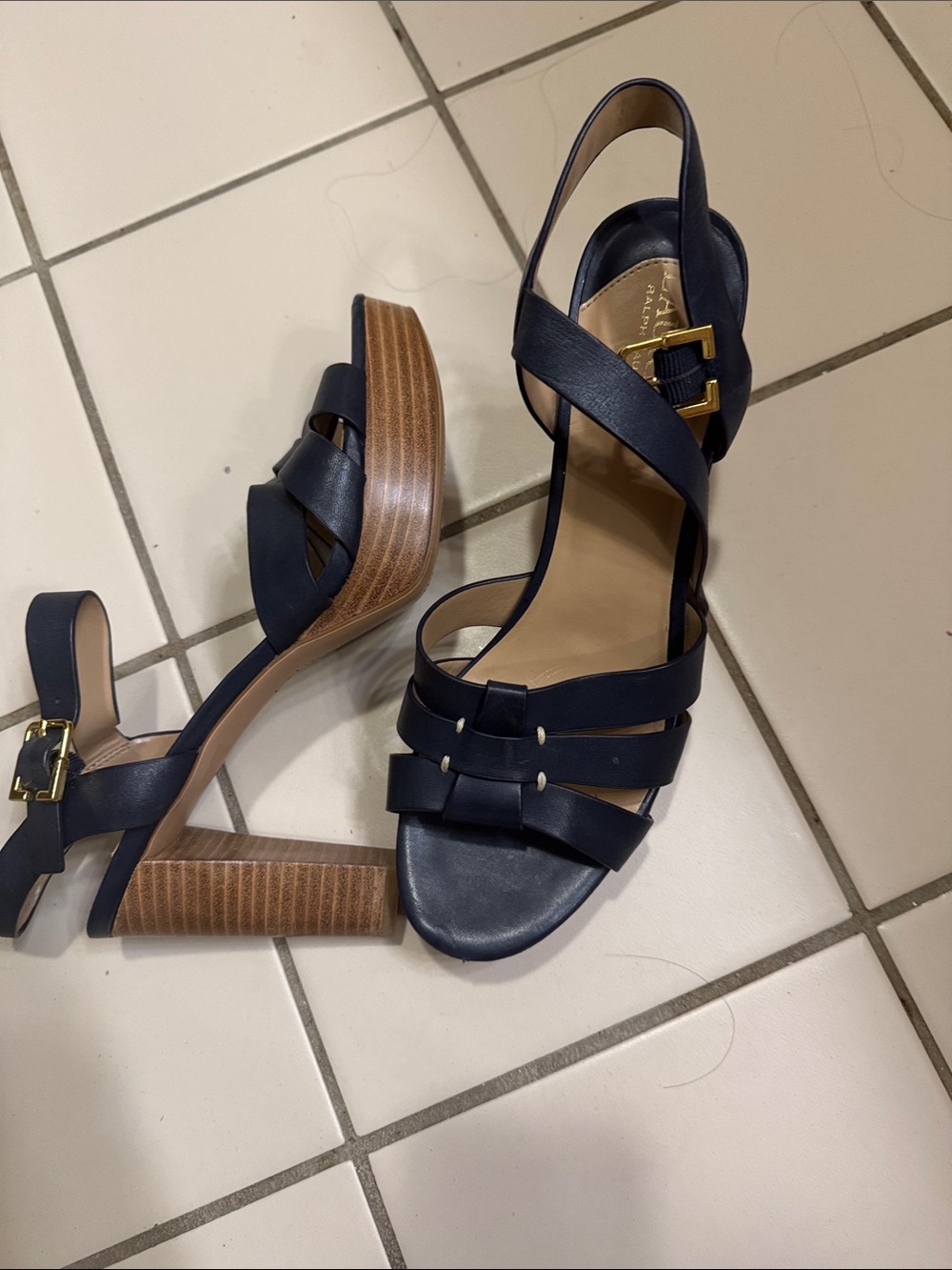 Ralph Lauren Leather Strappy Block Heel Sandals Navy Blue Tan 9.5